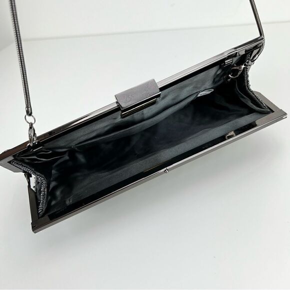 Neiman Marcus Micro Beaded black & silver clutch bag with chain